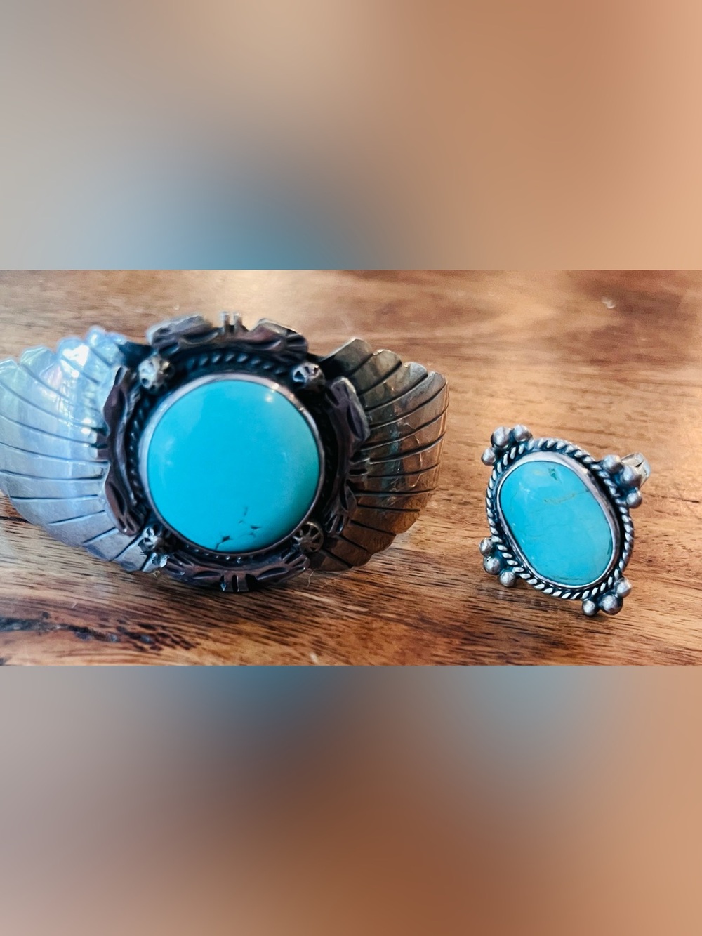Turquoise Silver Cuff Bracelet and Ring Set
